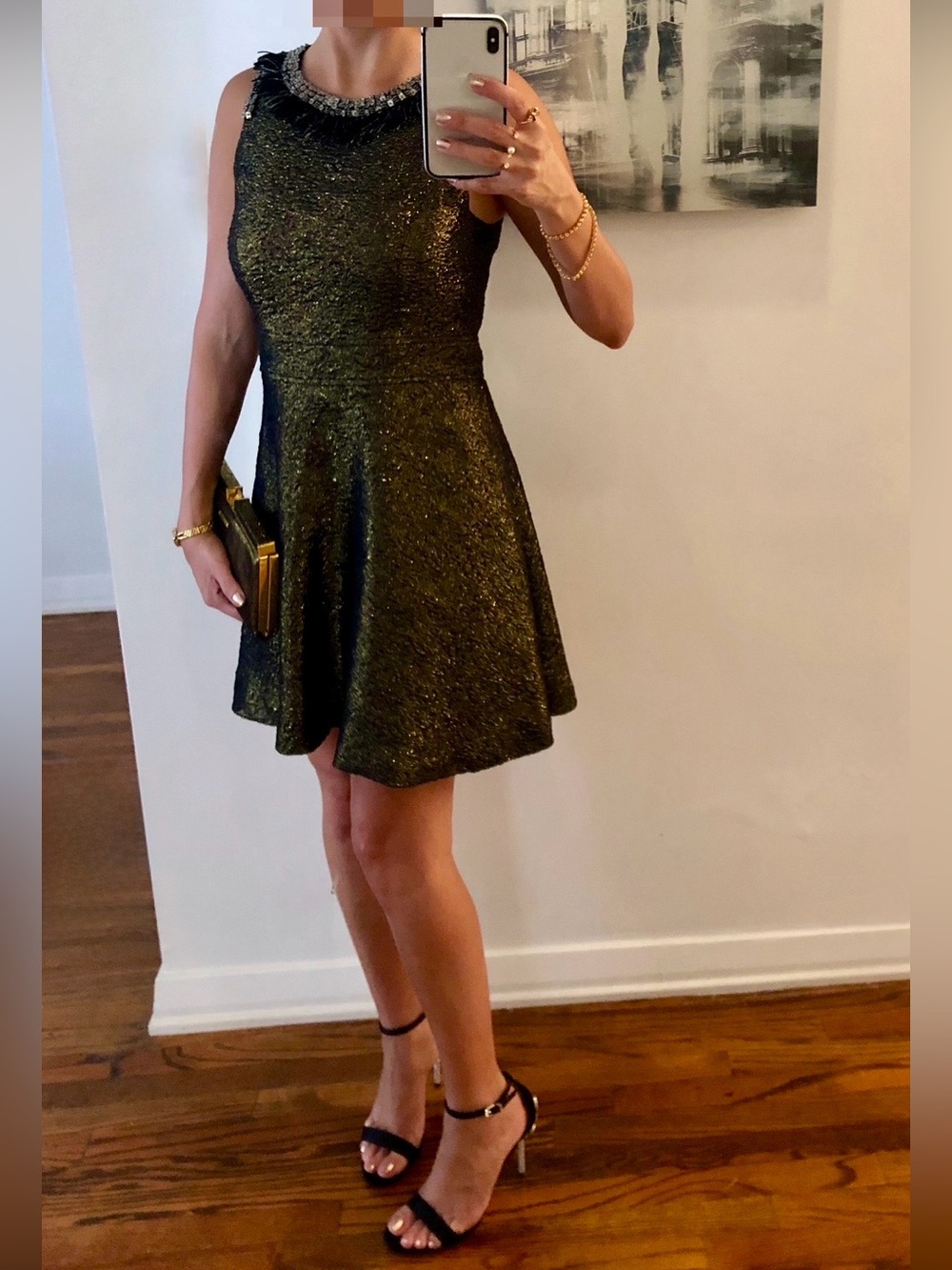 Black Gold Metallic Fit & Flare Sparkle Cocktail Dress Size 2 Cynthia Vincent
